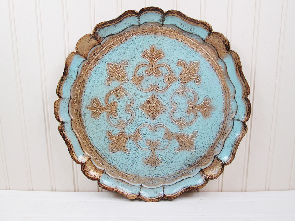 Vintage Florentine Gilt Gold Aqua Wood Serving Tray Italy