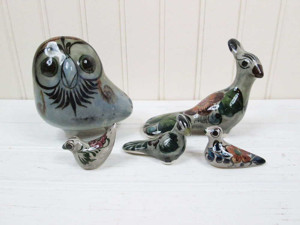 Vintage Mexico Pottery Tonala Bird Owl Figurines