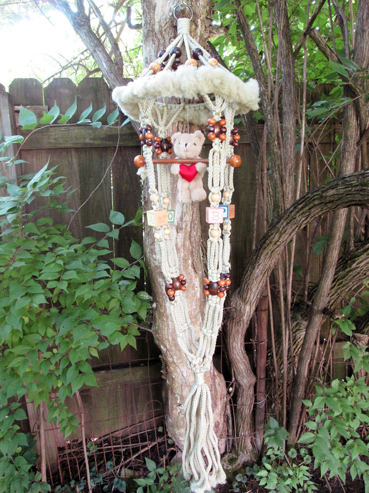 Vintage Macrame Hanging Plant Holder Baby Nursery Blocks & Bear