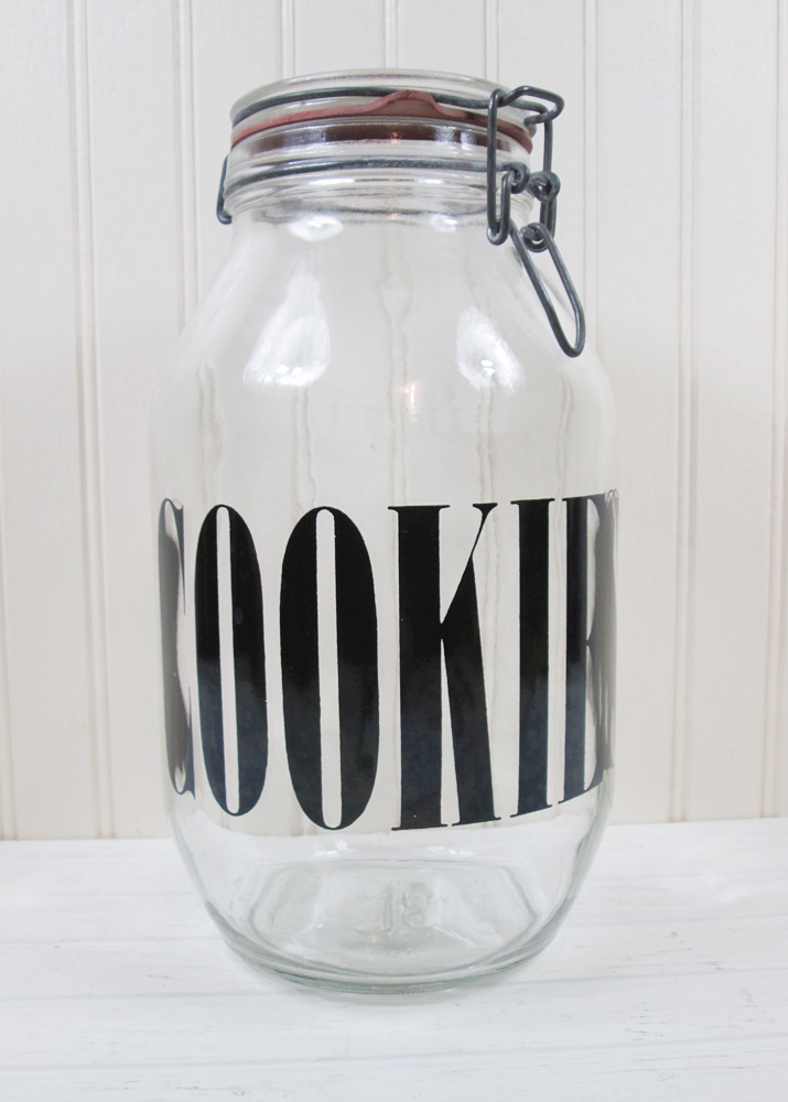 Vintage Glass Cookie Jar Canister Clear 3L Black Word Letters Typographic