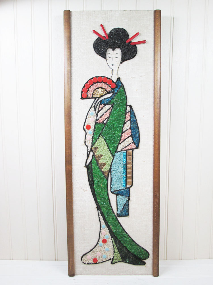 Vintage Geisha Girl Pebble Gravel Art Wall Hanging