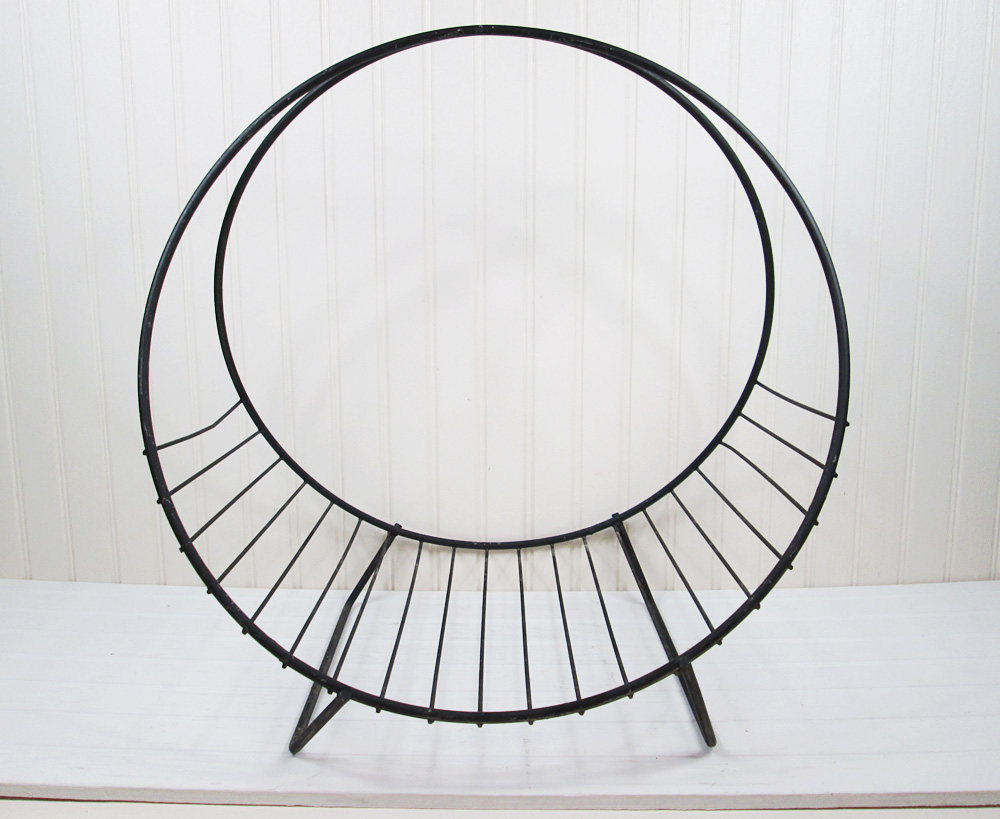 Vintage Round Black Wire Magazine Rack Firewood Holder