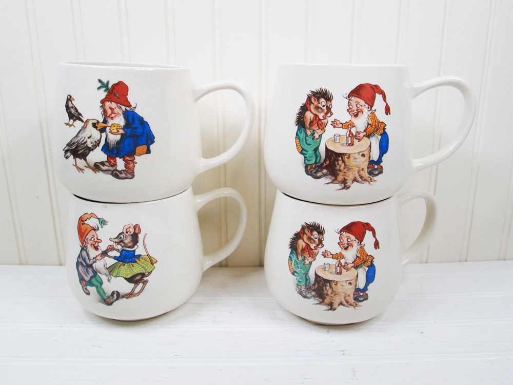Vintage Garden Gnome Coffee Mugs Cups Set