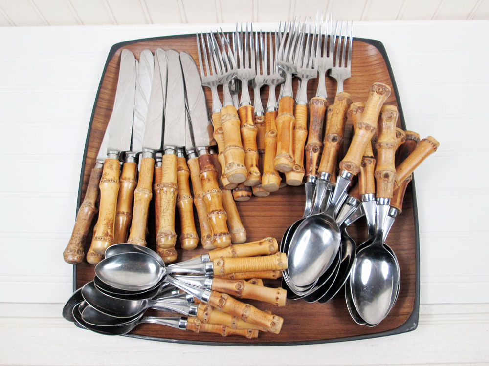 Vintage Real Bamboo Handle Flatware Stainless Set Service For 12 Japan 48 Pcs