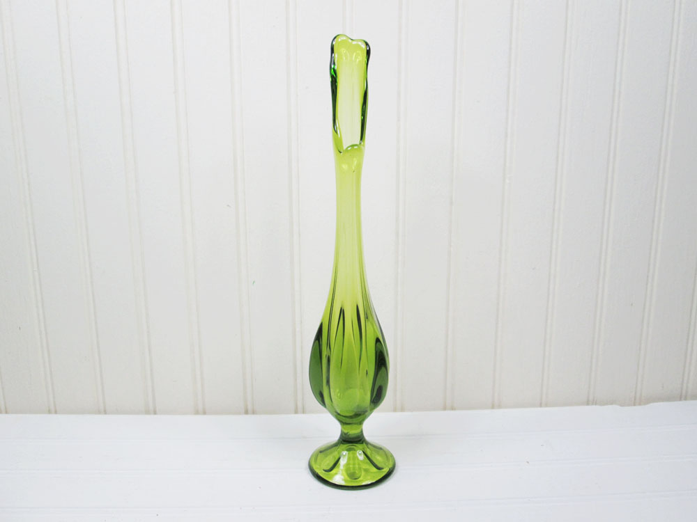 Vintage Viking Green Swung Glass Pedestal Vase 11" Tall Mid Century Mod Retro