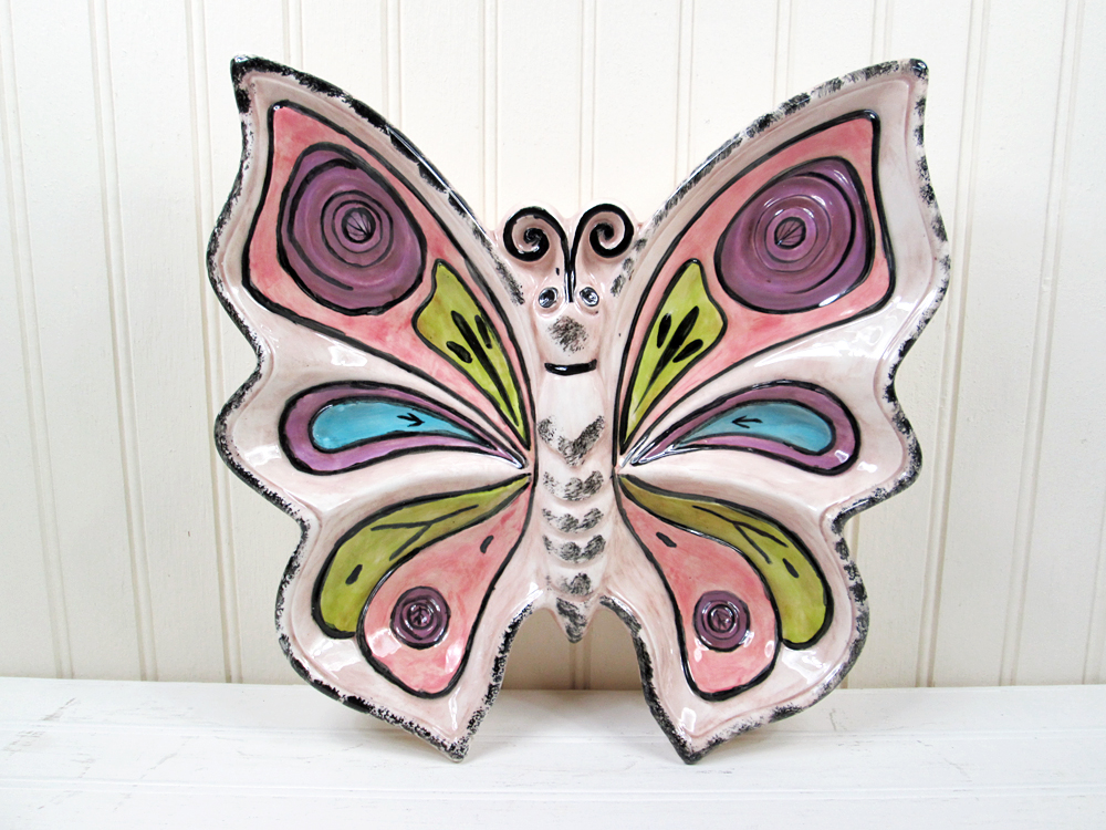Vintage Butterfly Serving Tray Ceramic Pink Chip Veggie Relish Dish