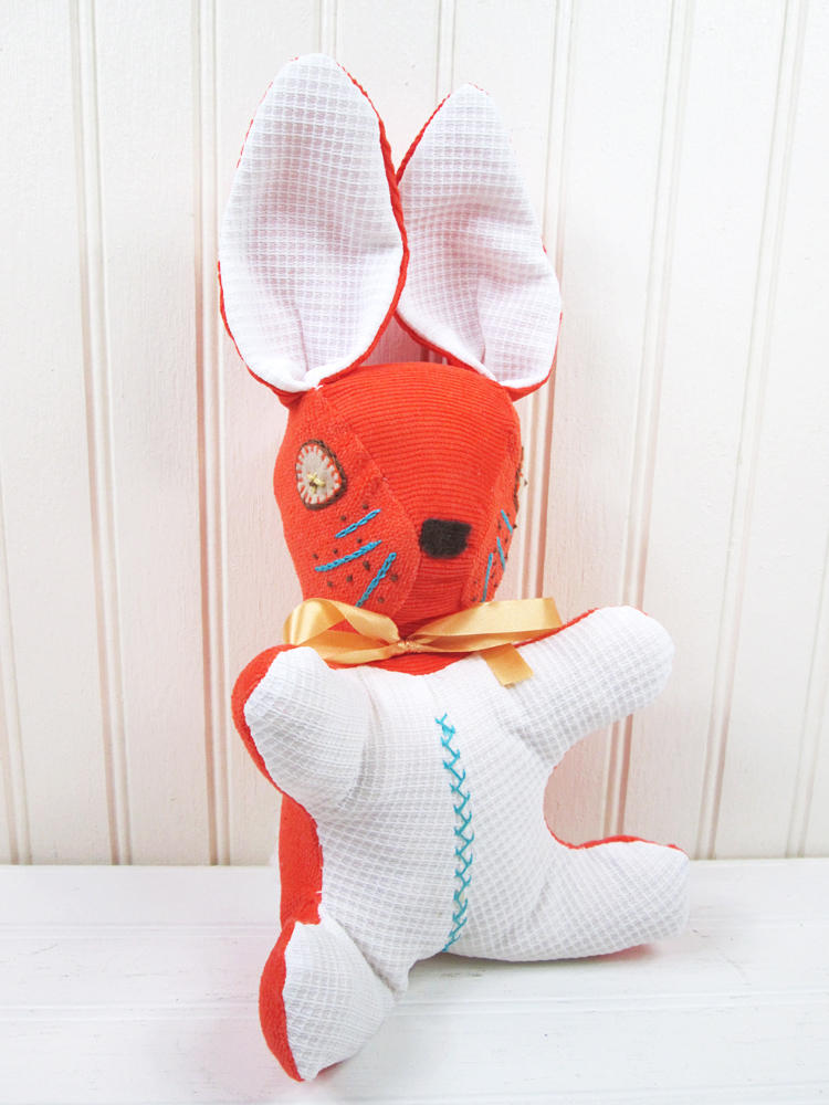 Vintage Stuffed Rabbit Plush Bunny Handmade Orange Corduroy