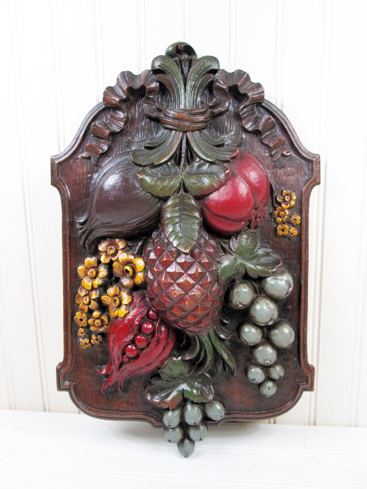 Vintage Syroco Wood Wall Hanging Art Plaque Fruit Flowers