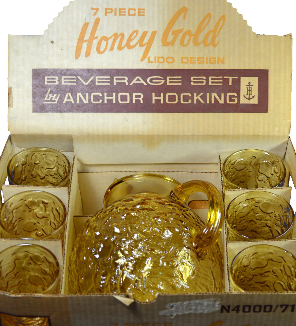 Honey Gold (amber) ANCHOR HOCKING LIDO MILANO Ball Pitcher & 6 Tumblers