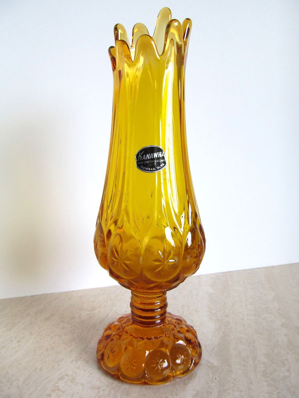 Vintage KAHAWHA Hand Crafted Glass Pedestal Amber Swung Stretch Vase