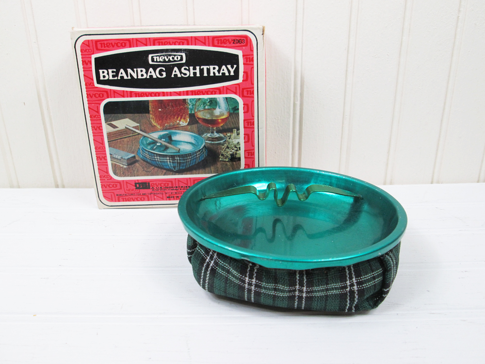 Vintage Nevco Beanbag Ashtray Green Plaid Fabric Original Box 1970s