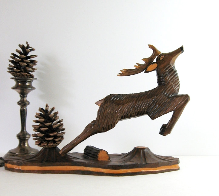 vintage running deer wood figurine